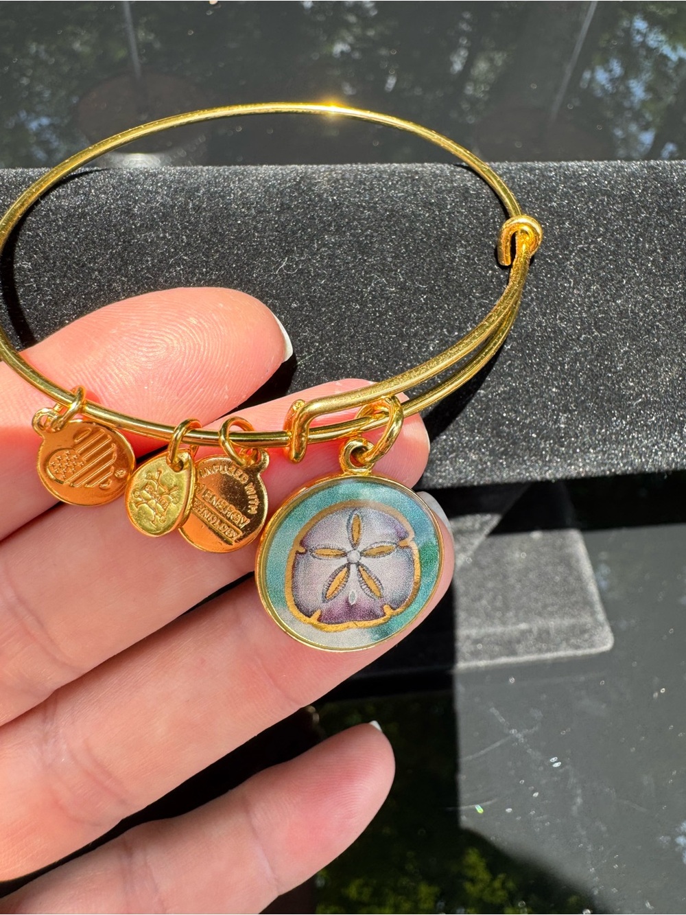 Alex and Ani Gold Sand Dollar Charm Bangle with Green and Purple Enamel